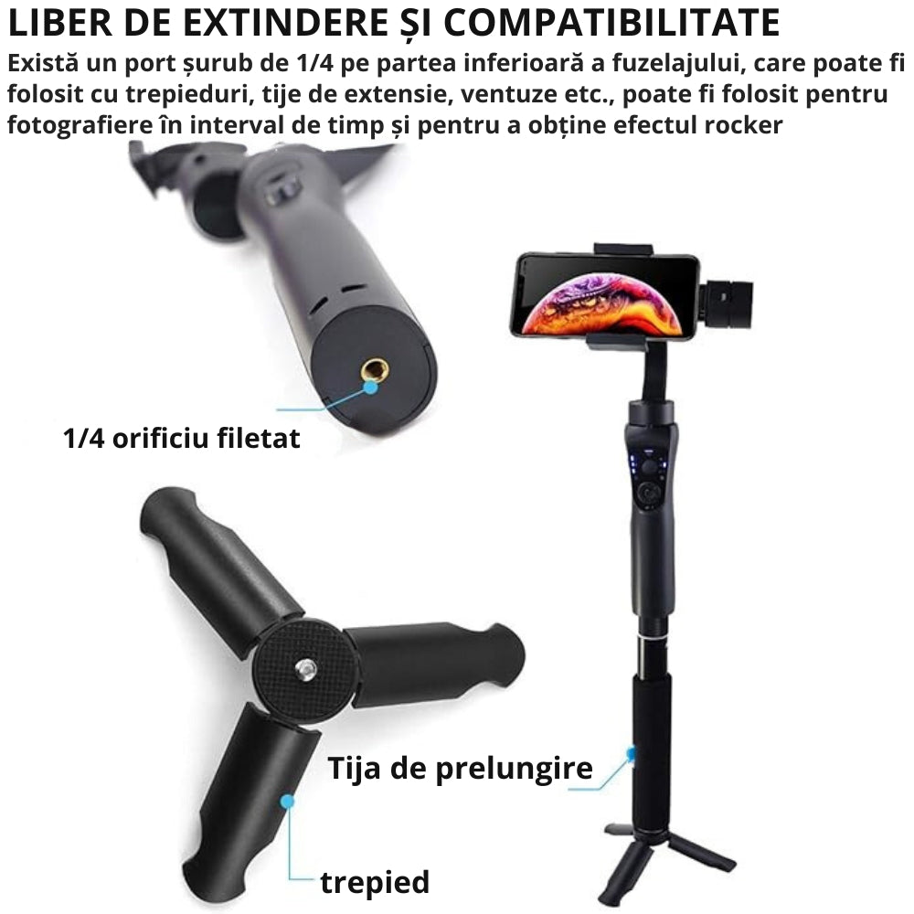 Stabilizator pentru telefon si GoPro, Exaltus®, Gimbal cu 3 axe, Baterie 4000mAh, Aplicatie (Android/IOS), Bluetooth, Time-lapse, Control ZOOM, Object Tracking, Auto Face Tracking, Functia infrumusetare