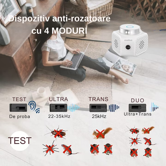 Aparat Antidaunatori Exaltus®, Rozatoare, Soareci, Sobolani, Ultrasunete Duale, Acoperire 360° 120m², Frecventa 22-35/25kHz, Sigur Pentru Oameni Si Animale