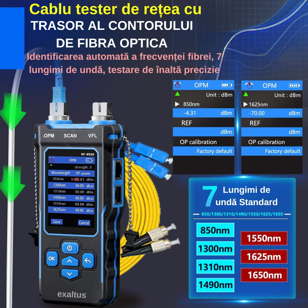 Powermetru optic cu tester cablu de retea, Exaltus®, Port Flash, Tester POE, Functia NCV, QC RJ45, CAT5/CAT6, test OPM, VFL, masurarea lungimii cablului, Inalta precizie, Scanare UTP/STP, cu lumina LED