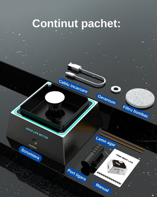 Scrumiera electrica moderna cu aspiratie fum directa, Exaltus®, Solutia eficienta pentru eliminarea mirosurilor neplacute, purificator de aer incorporat, Capacitate de 4 tigarete