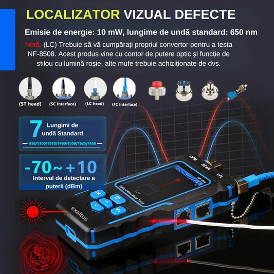 Powermetru optic cu tester cablu de retea, Exaltus®, Port Flash, Tester POE, Functia NCV, QC RJ45, CAT5/CAT6, test OPM, VFL, masurarea lungimii cablului, Inalta precizie, Scanare UTP/STP, cu lumina LED