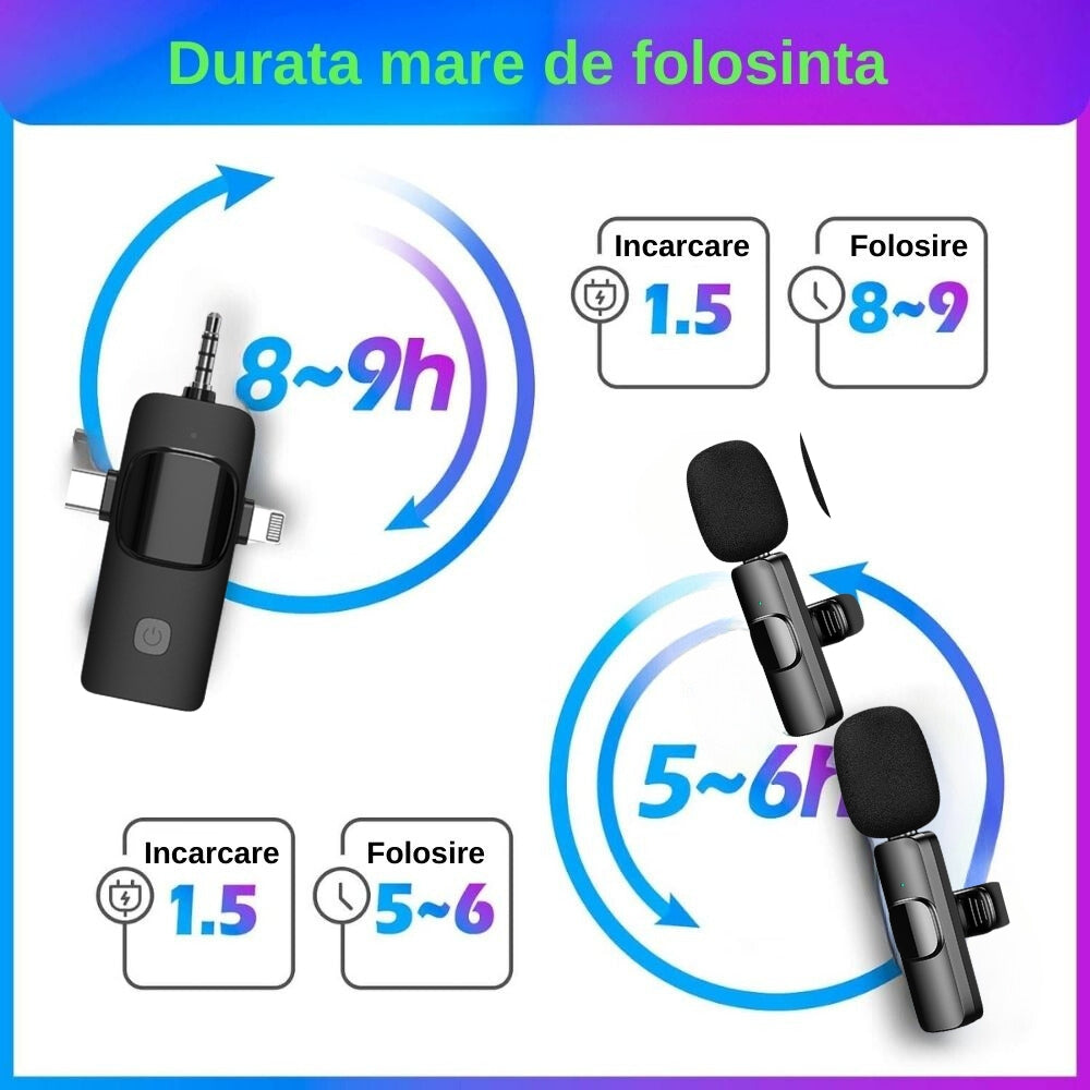 Lavaliere cu durata lunga de baterie, baza se incarca in 1.5 ore, folosire 8-9h, lavaliere incarcare 1.5h, folosire 5-6 ore