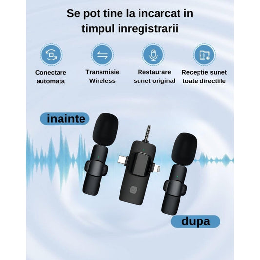 Microfoane lavaliera anulare zgomot fundal, se pot tine la incarcat in timpul inregistrarii, conectare automata, transmisie wireless, restaurare sunet original, receptie sunet toate directiile