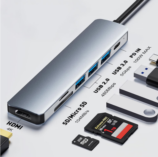 Docking Station EQZER® 7 In 1 Type-C, Adaptor Multiport Aluminiu, Docking Station Laptop Cu USB 3.0 + USB 2.0, HDMI 4K, Cititor Card SD TF, PD Fast Charging, Transfer Date 5 Gbps, Video 4K*2K, Compatibil MacBook, Windows, Argintiu