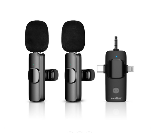 Set 2 microfoane profesionale lavaliera, Exaltus®, USB C, 3.5 Jack, Lightning, Wireless live, 2.4 GHz, Reincarcabile, Reducerea zgomotului de fundal
