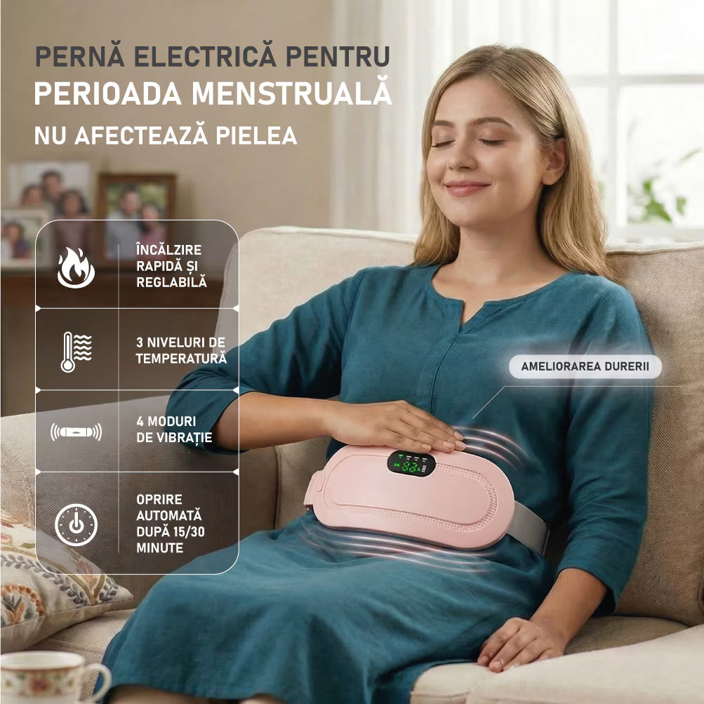 Centura Electrica Incalzire EQZER®, Centura Menstruala Reincarcabila, Masaj Abdominal cu 3 Trepte Incalzire 50–60°C, 4 Moduri Vibratii, Afisaj LED, Acumulator 1500 mAh, Incarcare USB Type-C, Terapie Crampe Menstruale, Dureri Abdominale si Lombare, Roz