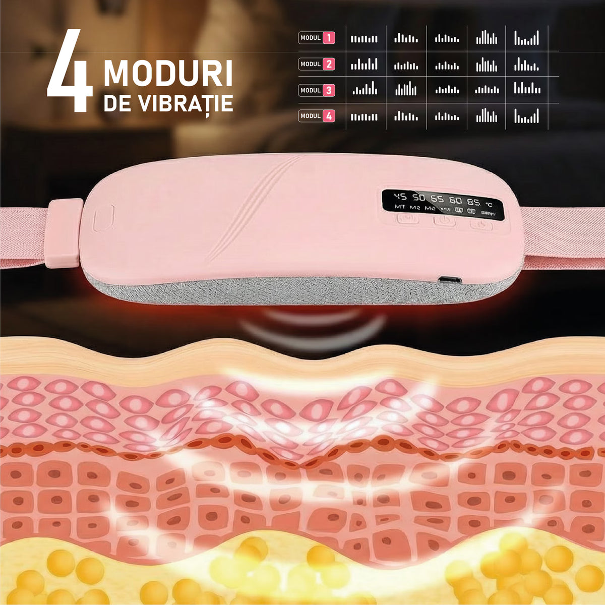 Centura Electrica Incalzire EQZER®, Centura Menstruala Reincarcabila, Centura Masaj Abdominal cu 5 Trepte Incalzire 45–65°C, 4 Moduri Vibratii, Afisaj LED, 1800 mAh, USB 5V, Terapie Crampe Menstruale, Dureri Abdominale si Lombare, Roz