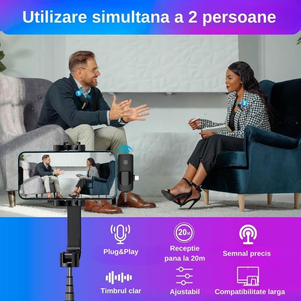 Set lavaliera exaltus, utilizare simultana 2 persoane, Plug & Play, Receptie pana la 20m, Semnal precis, Timbru clar, Ajustabil, Compatibilitate larga