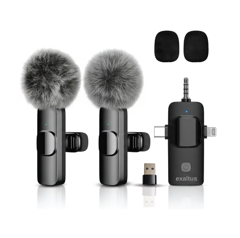 Set 2 microfoane profesionale lavaliera, Exaltus®, USB C, 3.5 Jack, Lightning, Wireless live, 2.4 GHz, Reincarcabile, Reducerea zgomotului de fundal