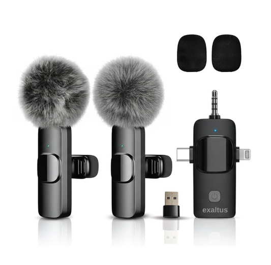 Set 2 microfoane profesionale lavaliera, Exaltus®, USB C, 3.5 Jack, Lightning, Wireless live, 2.4 GHz, Reincarcabile, Reducerea zgomotului de fundal